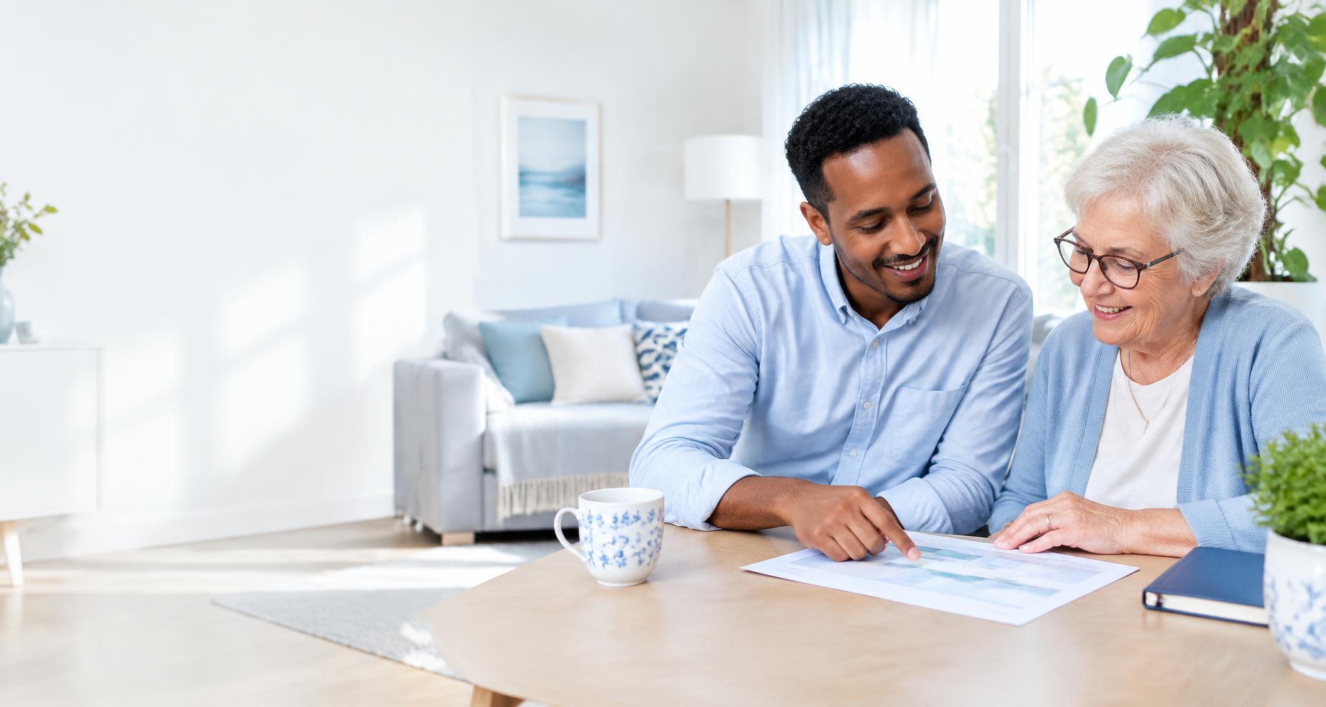 Een begeleider en oudere vrouw bekijken samen een planning in een lichte woonkamer