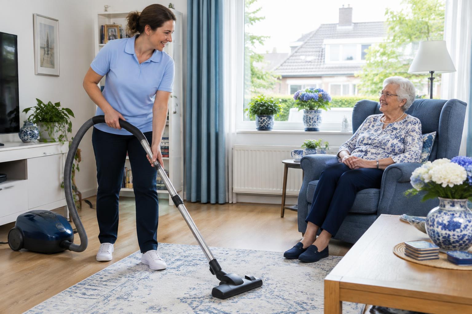 Sfeerbeeld: huishoudelijke ondersteuning bij het stofzuigen van een woonkamer.